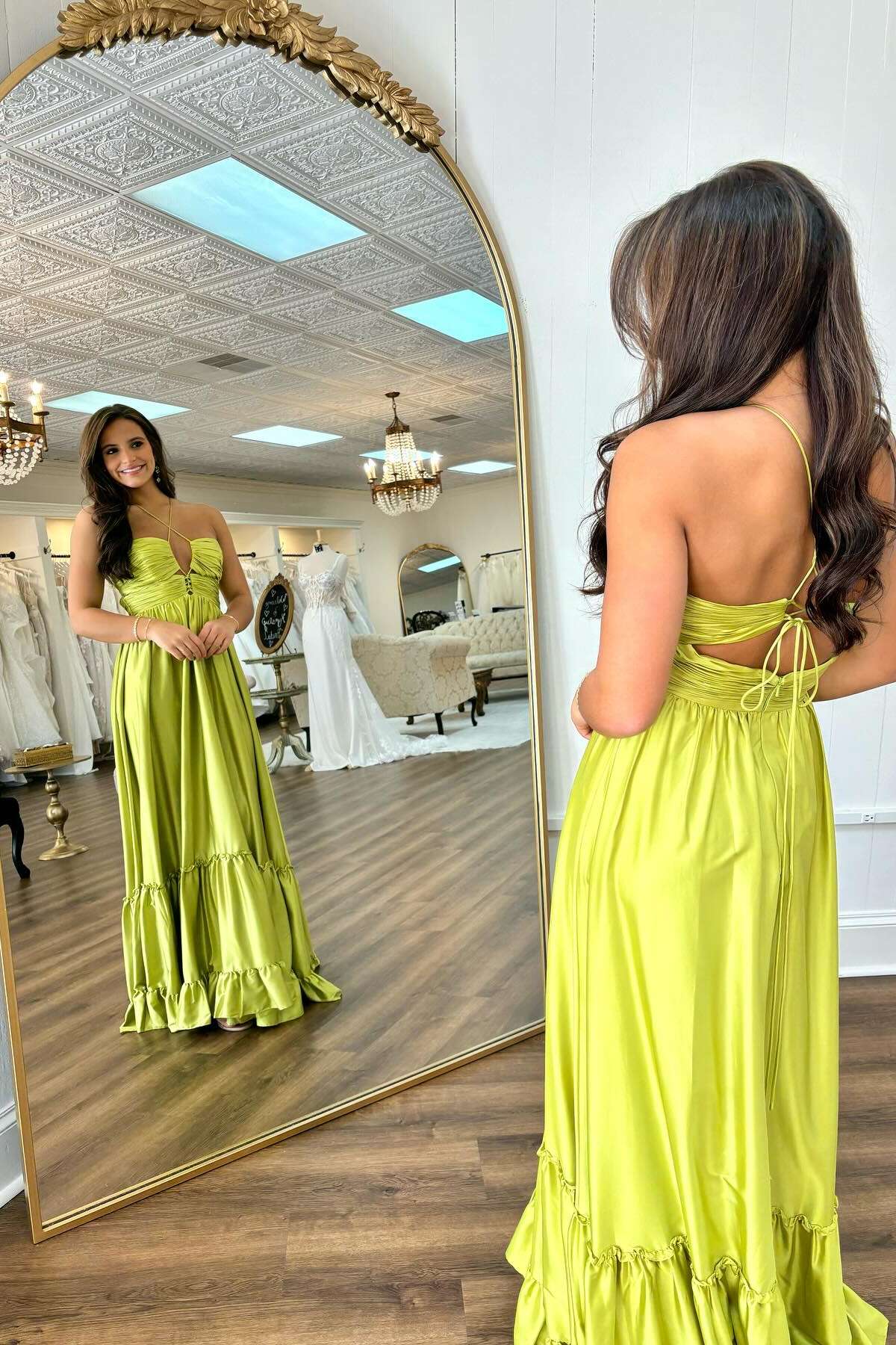 Green Satin A-Line Floor-Length Bridesmaid Dress with Ruched Bodice & Tiered Ruffled Hem