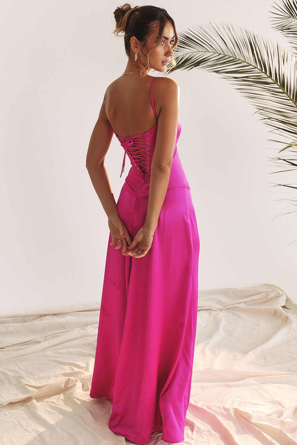 Vibrant A-Line Straight-Neck Spaghetti-Straps Corset-Back Floor-Length Satin Evening Dress