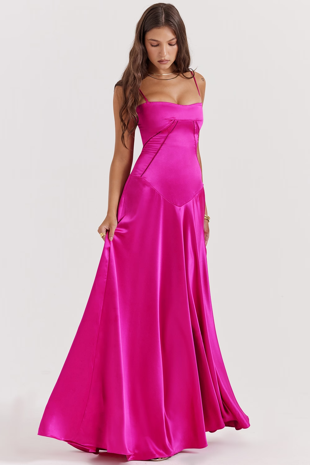 Vibrant A-Line Straight-Neck Spaghetti-Straps Corset-Back Floor-Length Satin Evening Dress
