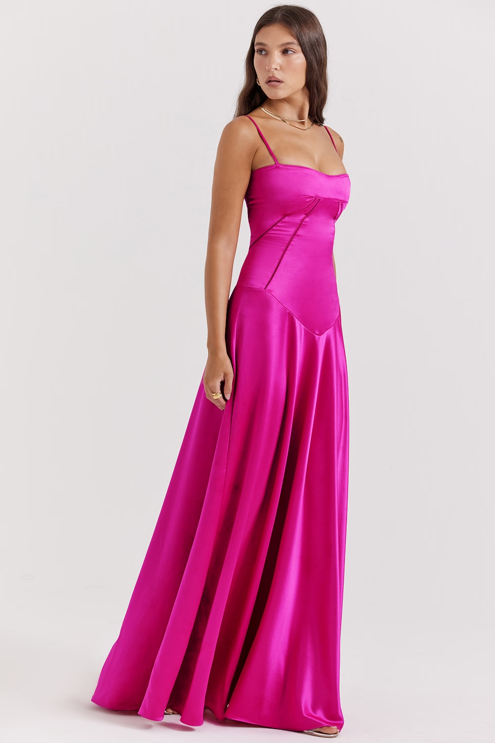 Vibrant A-Line Straight-Neck Spaghetti-Straps Corset-Back Floor-Length Satin Evening Dress