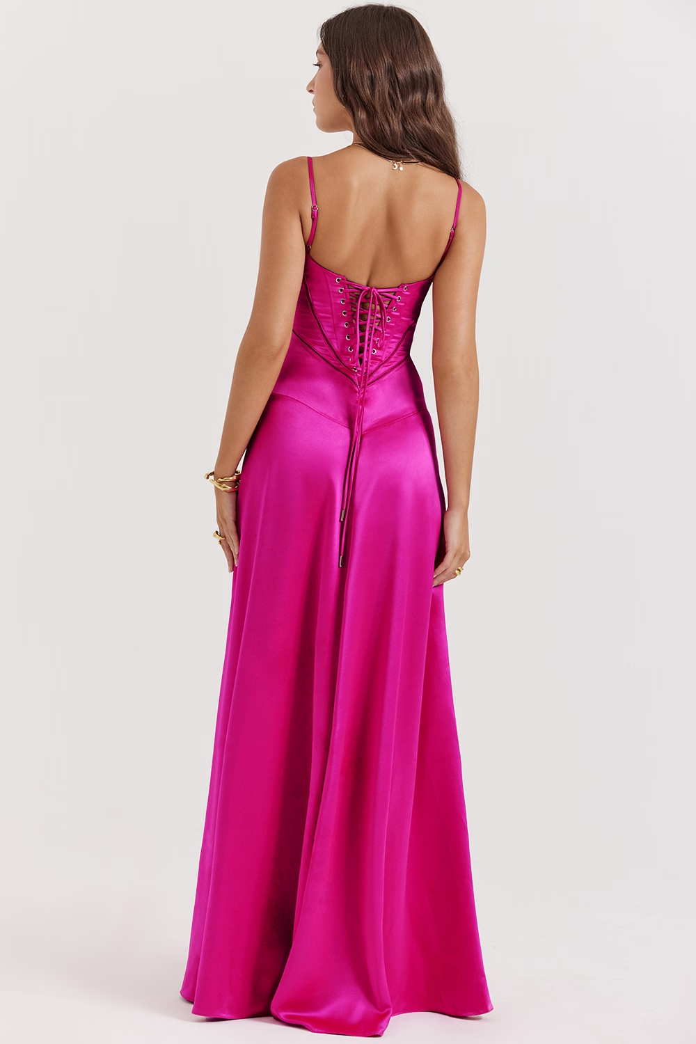Vibrant A-Line Straight-Neck Spaghetti-Straps Corset-Back Floor-Length Satin Evening Dress