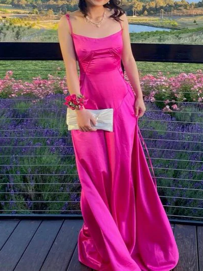Vibrant A-Line Straight-Neck Spaghetti-Straps Corset-Back Floor-Length Satin Evening Dress