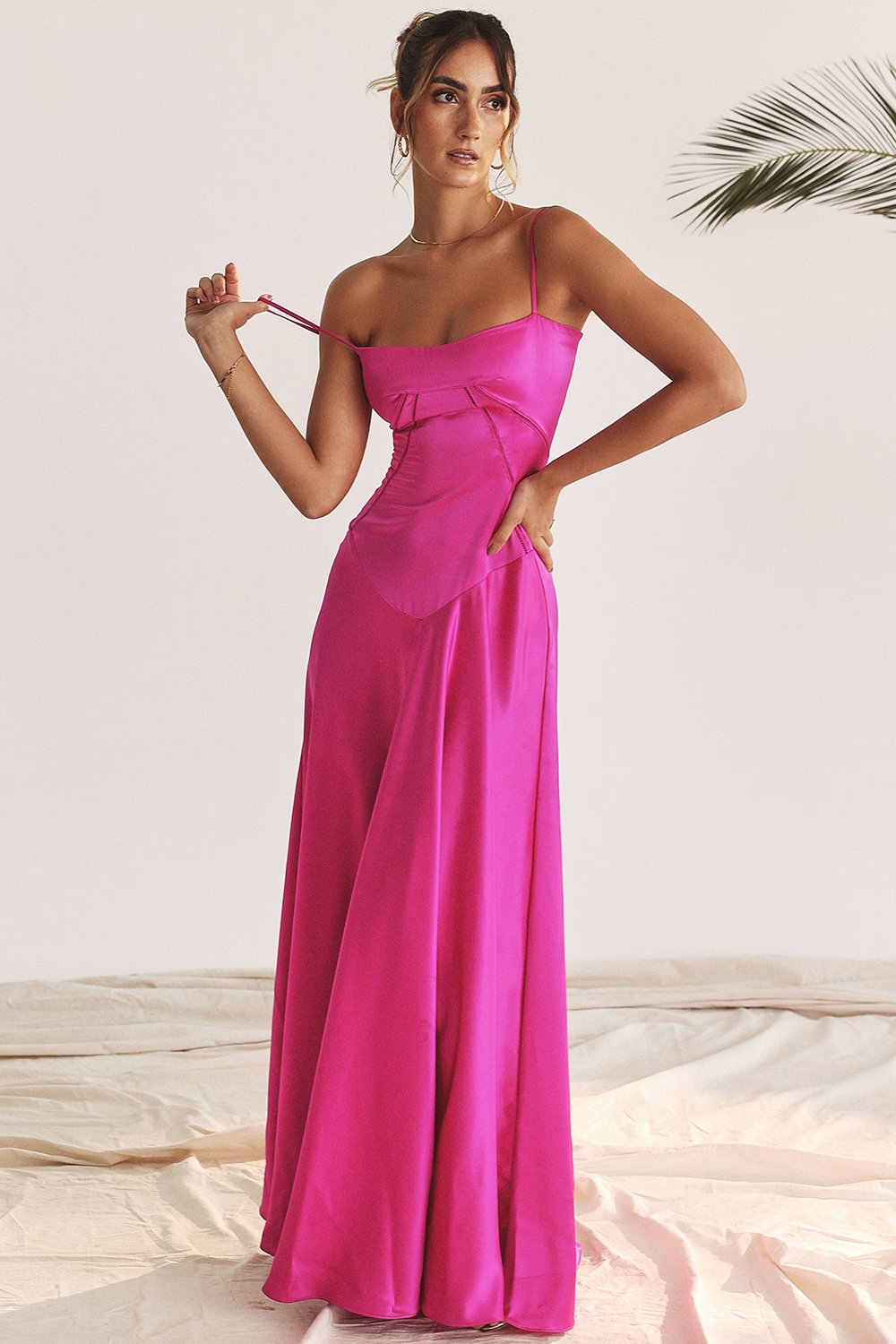 Vibrant A-Line Straight-Neck Spaghetti-Straps Corset-Back Floor-Length Satin Evening Dress