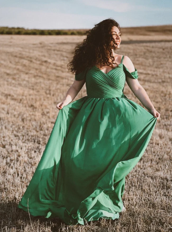 Vibrant A-Line V-Neck Off-The-Shoulder Floor Length Plus Size Evening Dress