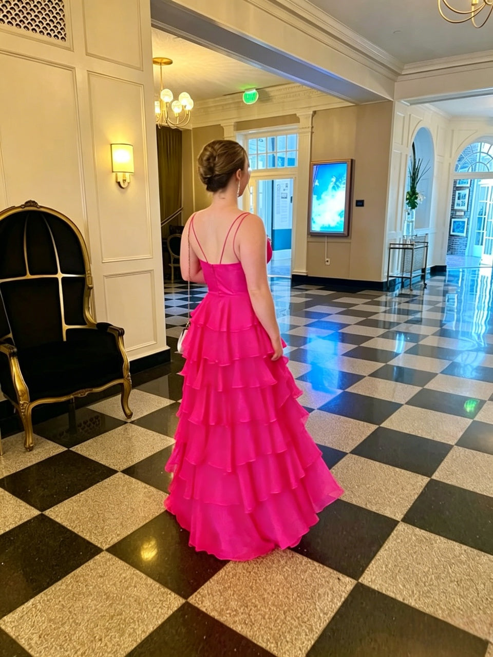 Vibrant A Line Plunging V Neck Double Spaghetti Straps Zipper Back Tiered Floor Length Evening Dress