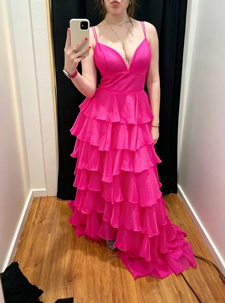 Vibrant A Line Plunging V Neck Double Spaghetti Straps Zipper Back Tiered Floor Length Evening Dress