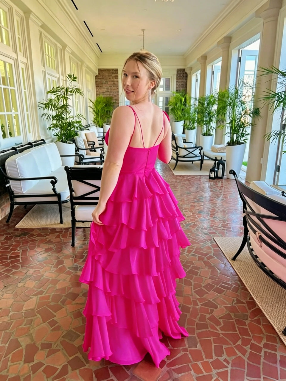 Vibrant A Line Plunging V Neck Double Spaghetti Straps Zipper Back Tiered Floor Length Evening Dress