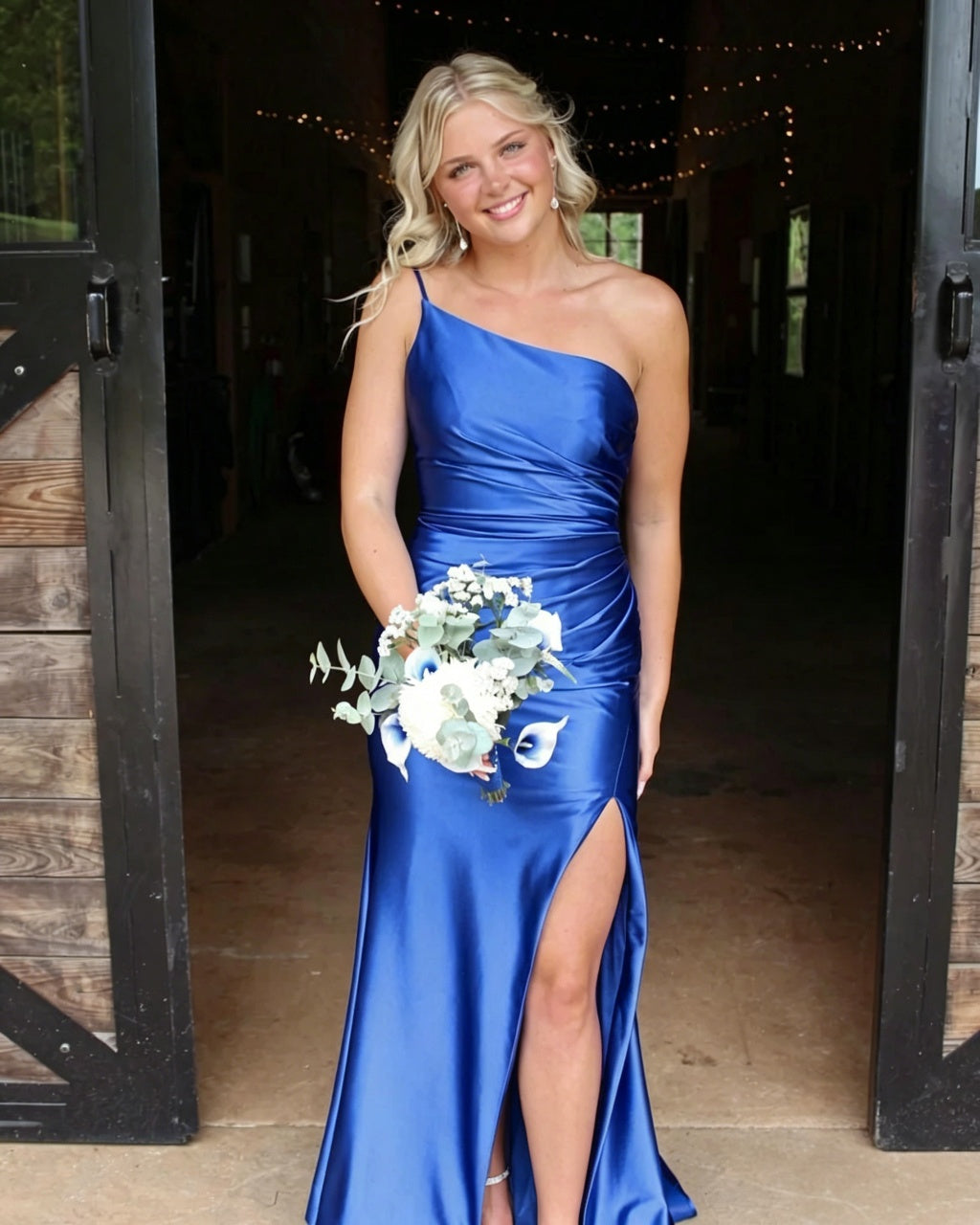 Vibrant Blue Mermaid One-Shoulder Open-Back Sleeveless Slit Floor-Length Evening Dress