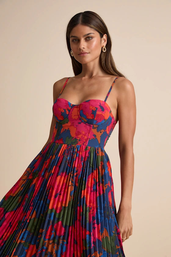 Vibrant Bold Abstract Floral Print A-Line Silhouette Sweetheart Neck Spaghetti Straps Sleeveless Pleated Midi Prom Dress