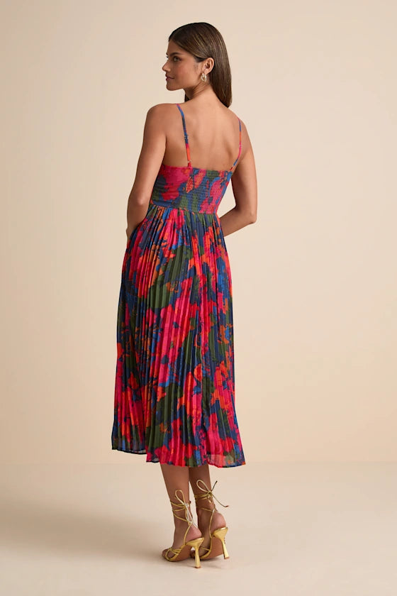 Vibrant Bold Abstract Floral Print A-Line Silhouette Sweetheart Neck Spaghetti Straps Sleeveless Pleated Midi Prom Dress