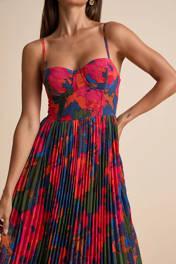 Vibrant Bold Abstract Floral Print A-Line Silhouette Sweetheart Neck Spaghetti Straps Sleeveless Pleated Midi Prom Dress