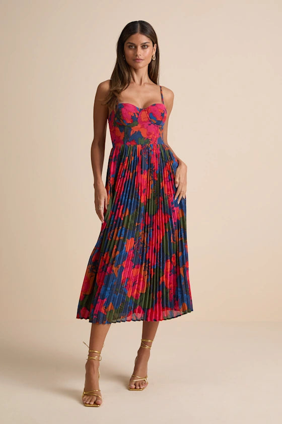 Vibrant Bold Abstract Floral Print A-Line Silhouette Sweetheart Neck Spaghetti Straps Sleeveless Pleated Midi Prom Dress