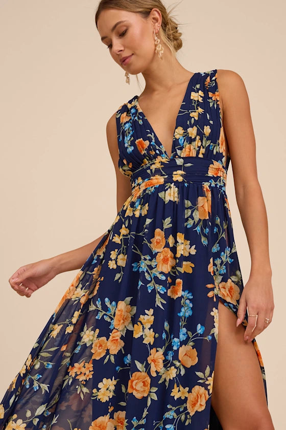 Vibrant Floral Print Chiffon Maxi Deep V-Neck Sleeveless High Slit Prom Dresses