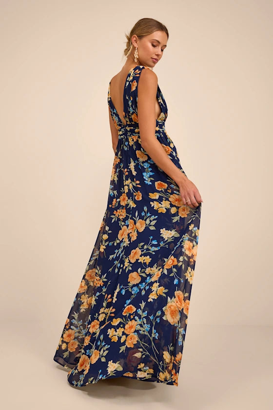 Vibrant Floral Print Chiffon Maxi Deep V-Neck Sleeveless High Slit Prom Dresses