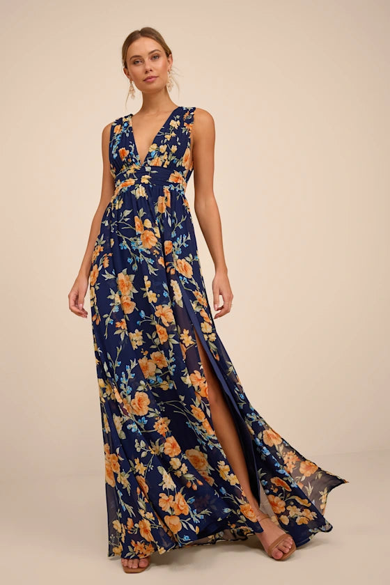 Vibrant Floral Print Chiffon Maxi Deep V-Neck Sleeveless High Slit Prom Dresses