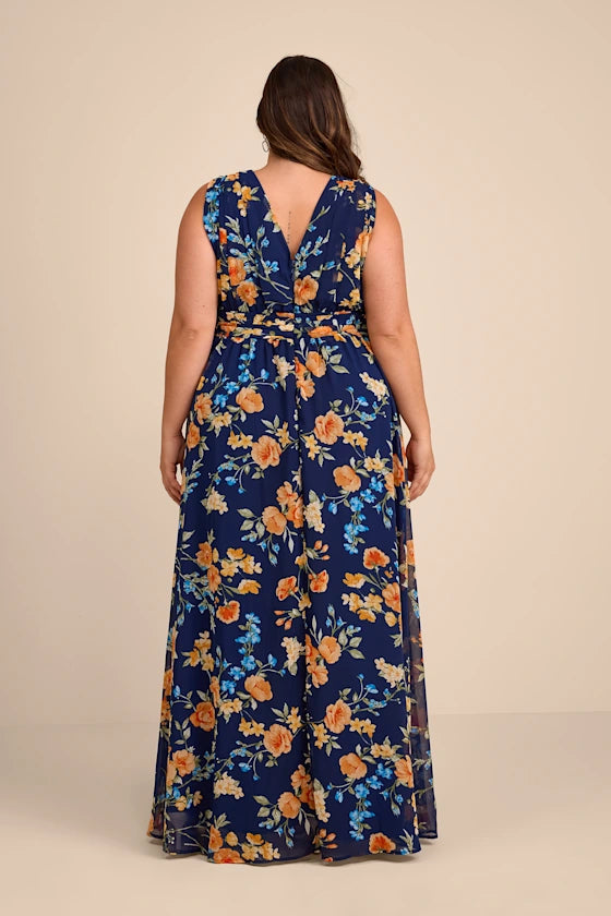 Vibrant Floral Print Chiffon Maxi Deep V-Neck Sleeveless High Slit Prom Dresses