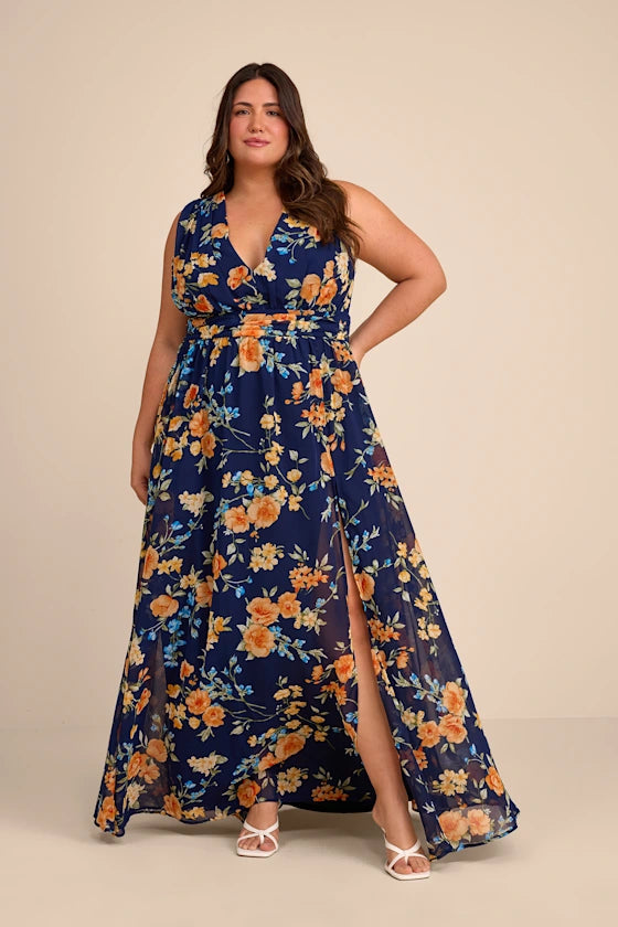 Vibrant Floral Print Chiffon Maxi Deep V-Neck Sleeveless High Slit Prom Dresses