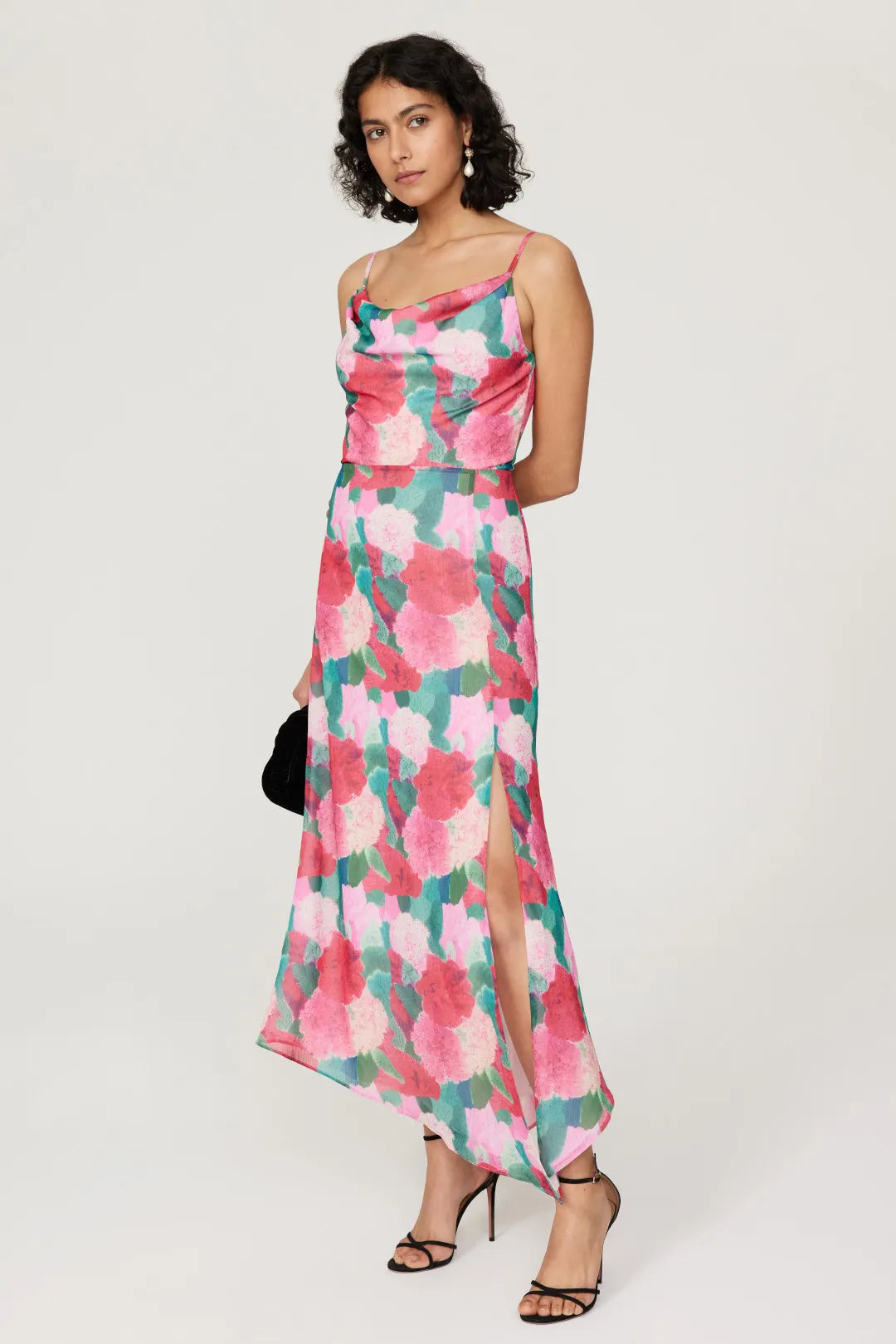 Vibrant Floral Print Slip Cowl Neck Spaghetti Strap Back Zip Maxi Prom Dress