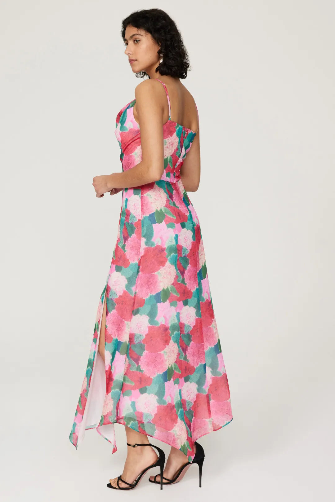 Vibrant Floral Print Slip Cowl Neck Spaghetti Strap Back Zip Maxi Prom Dress
