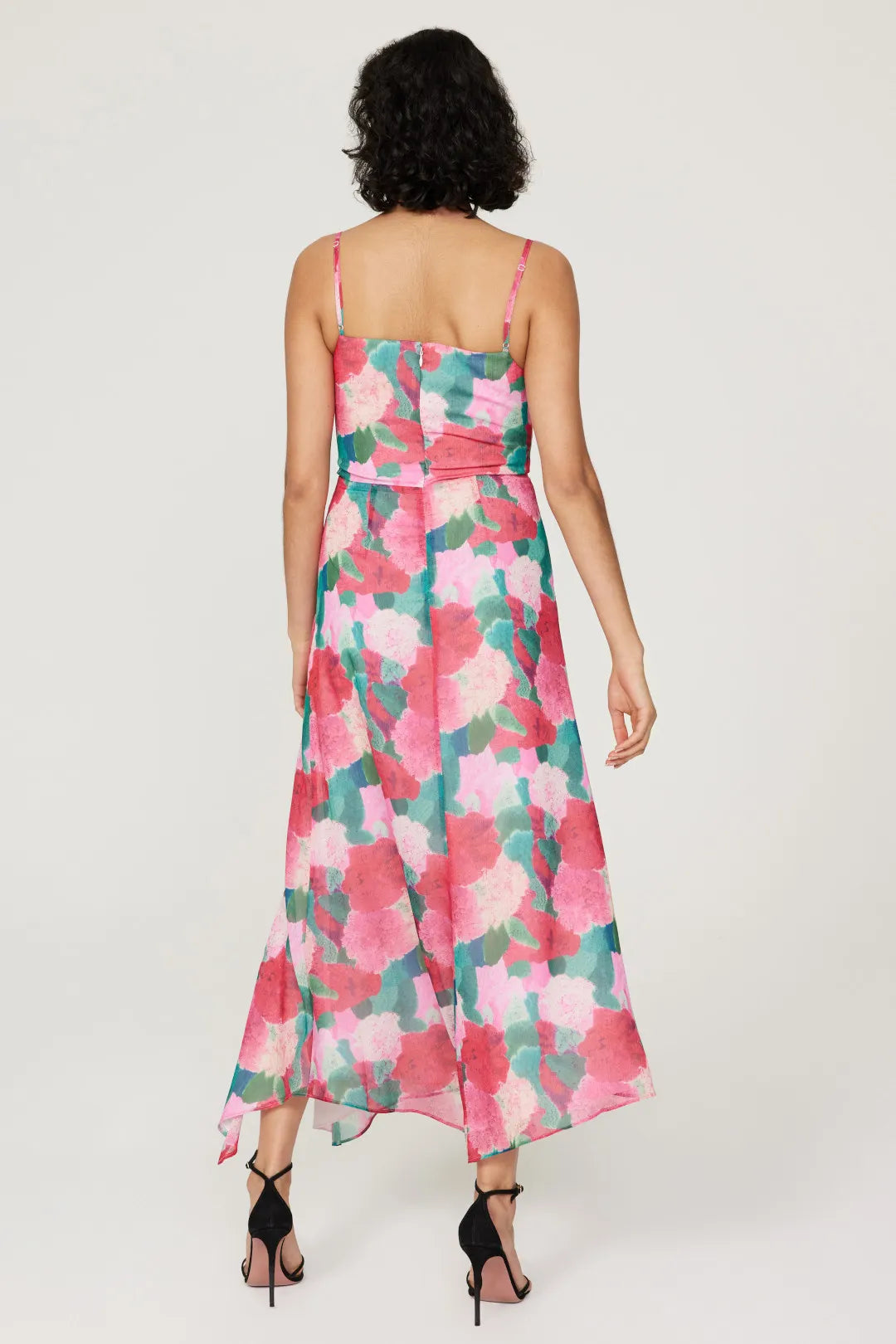 Vibrant Floral Print Slip Cowl Neck Spaghetti Strap Back Zip Maxi Prom Dress