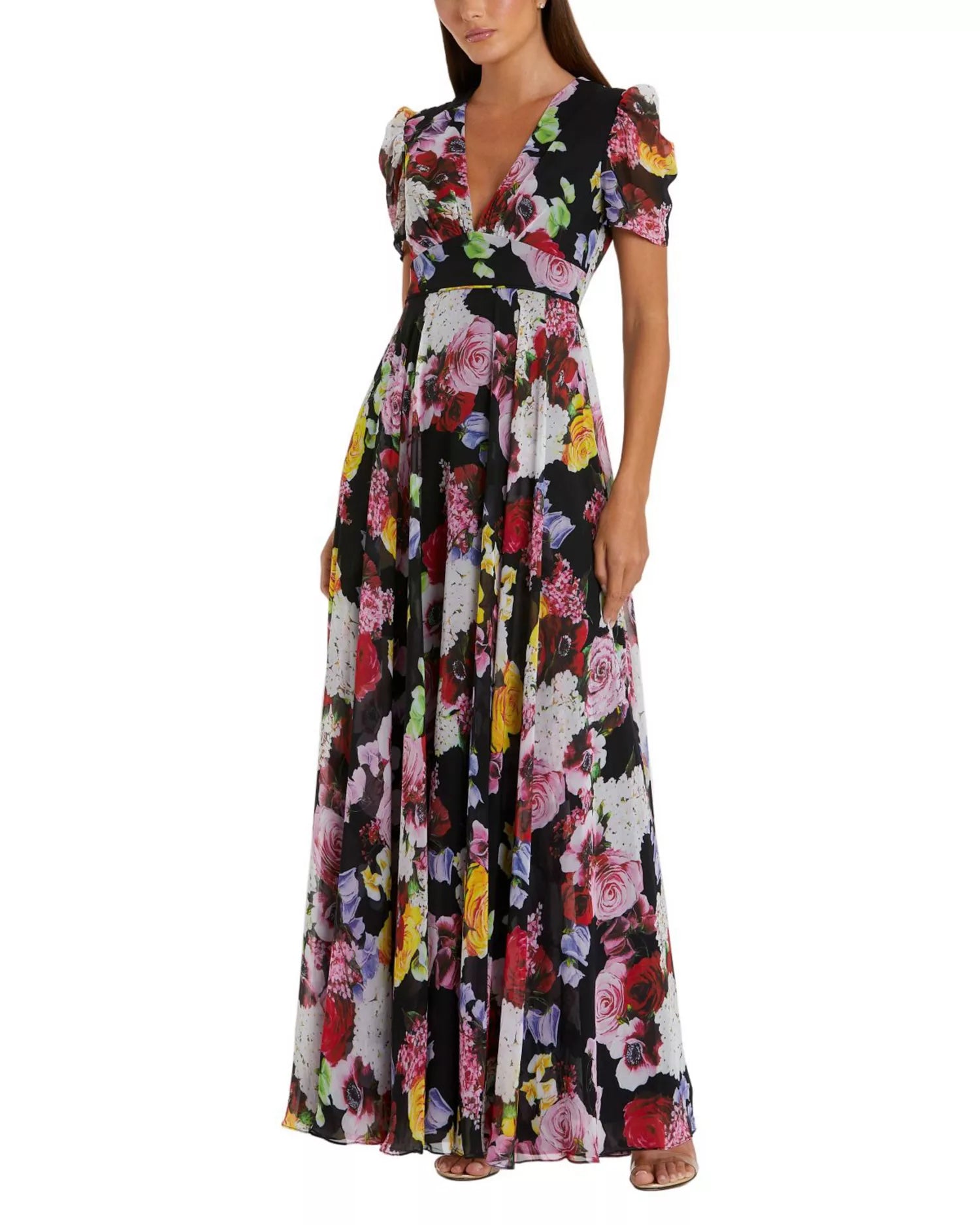 Vibrant Flowy A-Line Deep V-Neck Puff Sleeve Closed Back Maxi Prom Dress
