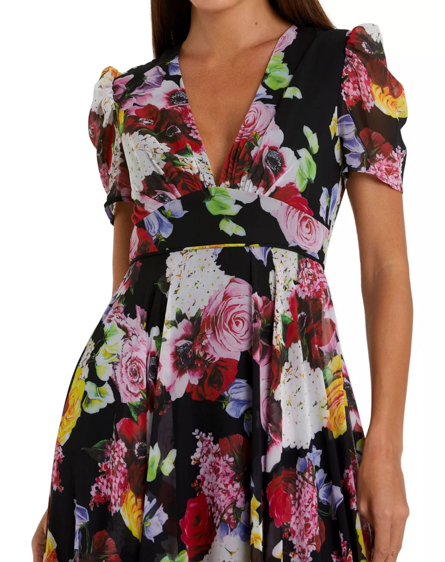 Vibrant Flowy A-Line Deep V-Neck Puff Sleeve Closed Back Maxi Prom Dress