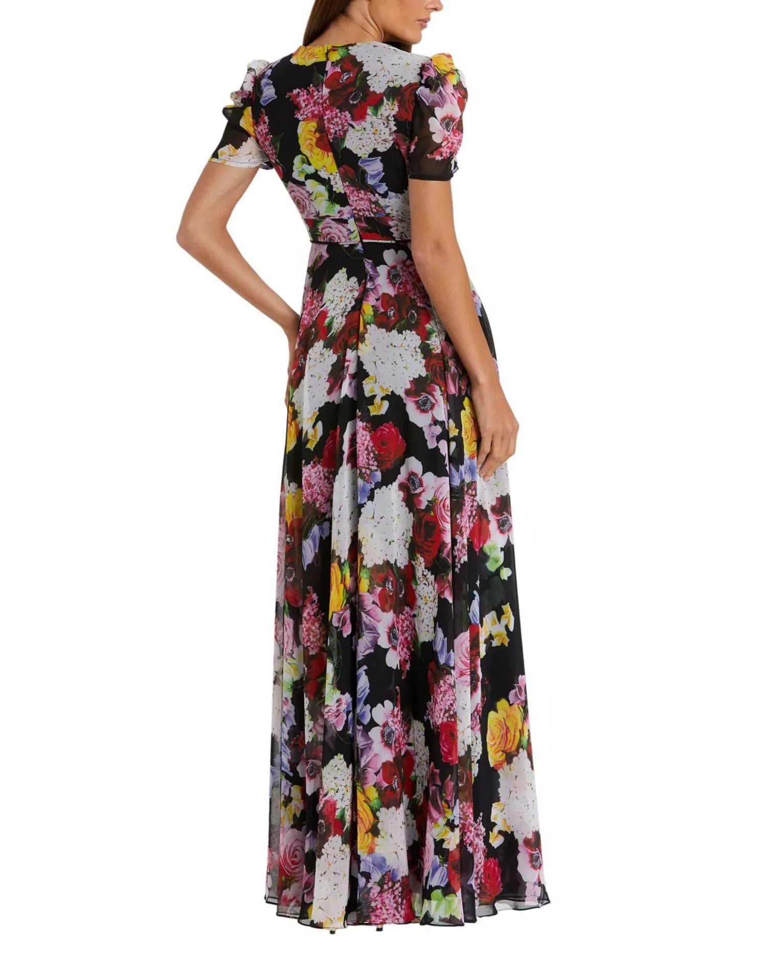 Vibrant Flowy A-Line Deep V-Neck Puff Sleeve Closed Back Maxi Prom Dress