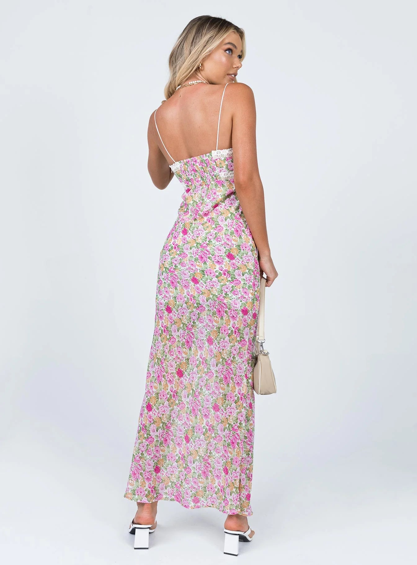 Vibrant Flowy V-Neck Spaghetti Strap Lace Trim Maxi Floral Print Prom Dress