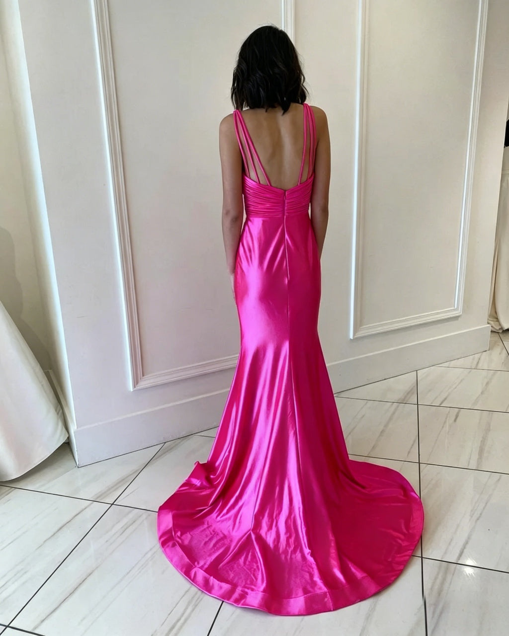 Vibrant Gloss Satin Multi Thin Strap V-Neck Knotted Ruched Mermaid Sweep Train Formal Evening Dresses