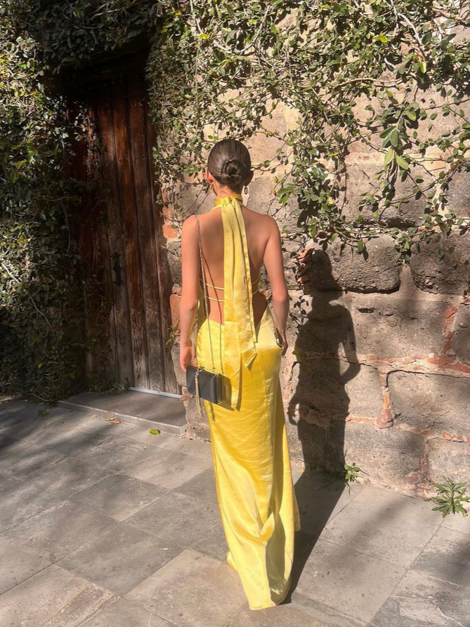Vibrant Mermaid Plunging V Neck Halter Sleeveless Open Back Floor Length Evening Dress