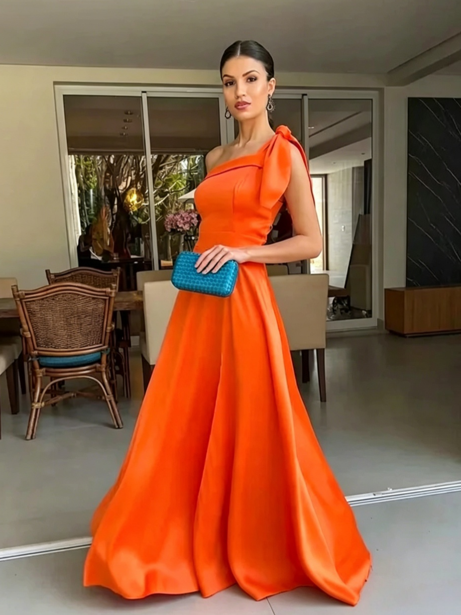 Vibrant Orange Satin A-Line One-Shoulder Bow Open-Back Floor-Length Evening Dress