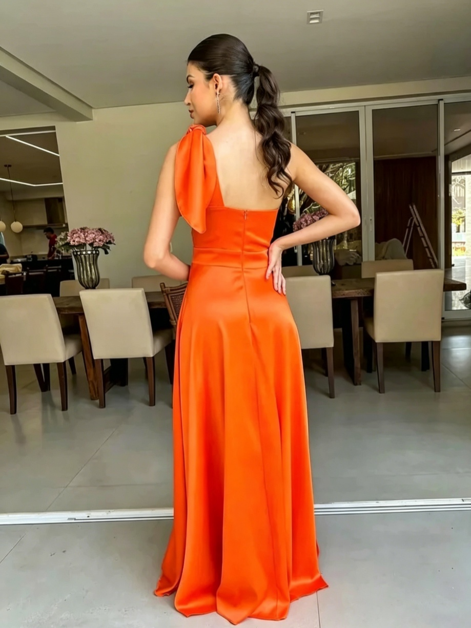 Vibrant Orange Satin A-Line One-Shoulder Bow Open-Back Floor-Length Evening Dress