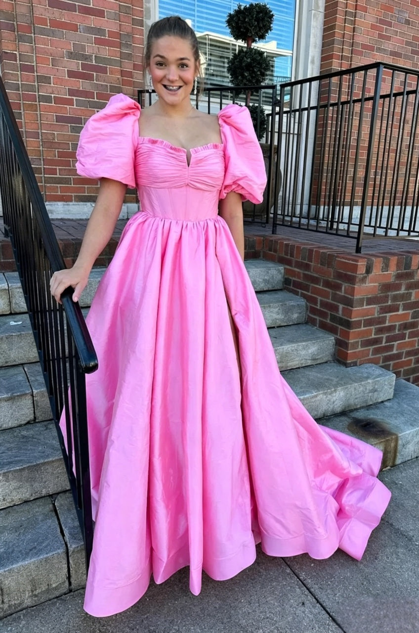 Vibrant Pink Ball Gown Sweetheart Puff Sleeve Open Back Bow Floor-Length Evening Dress
