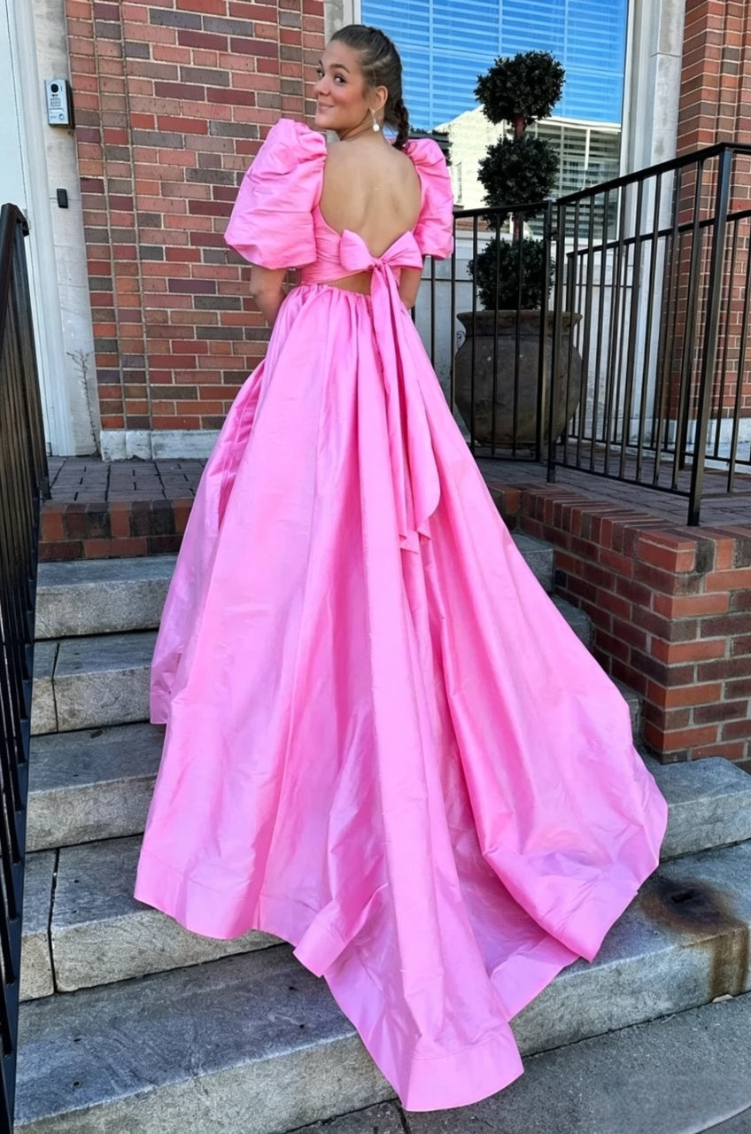 Vibrant Pink Ball Gown Sweetheart Puff Sleeve Open Back Bow Floor-Length Evening Dress