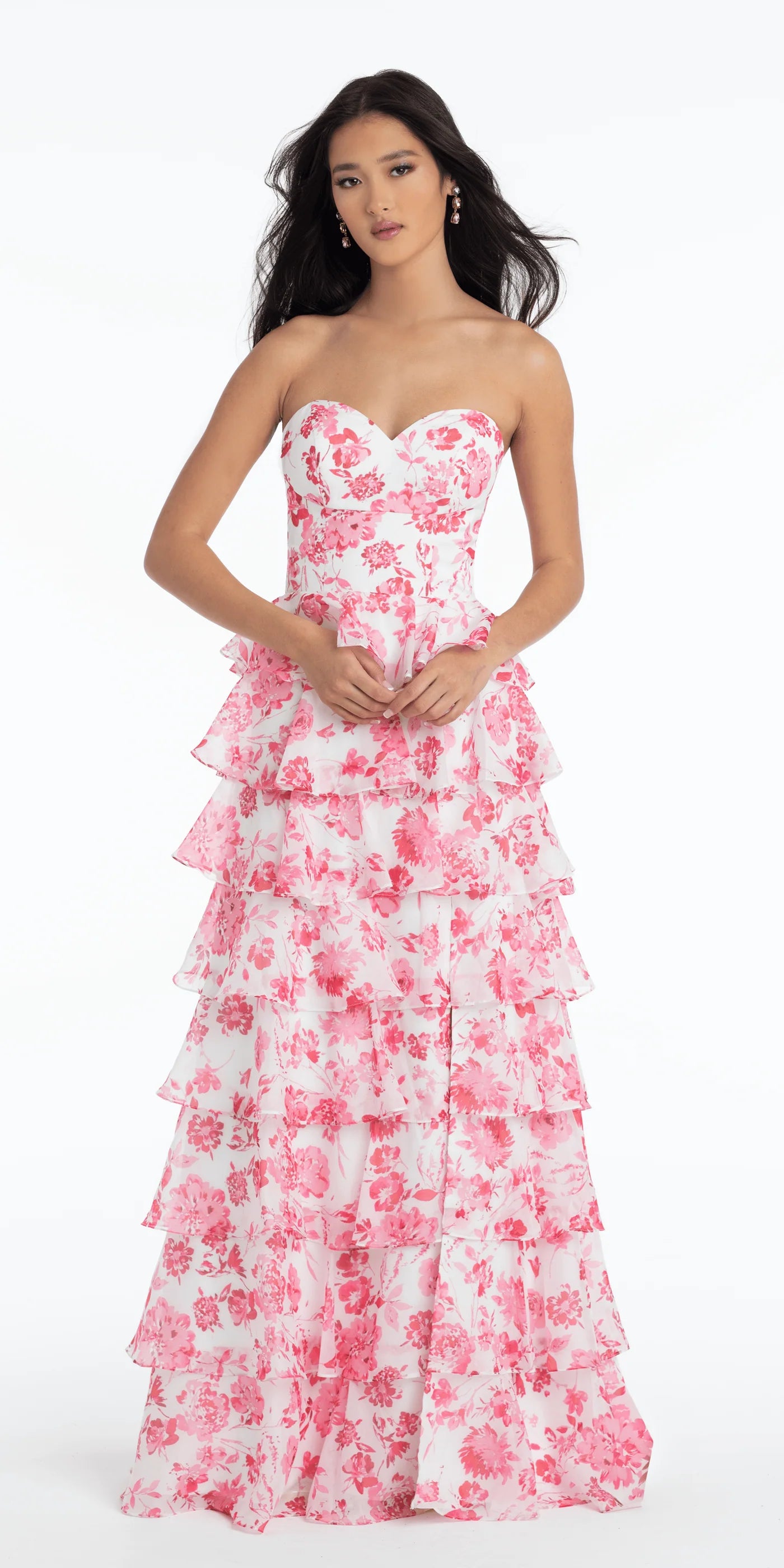 Vibrant Pink Floral Print Strapless Sweetheart Tiered Ruffled Lace-Up Back Floor-Length Prom Dress