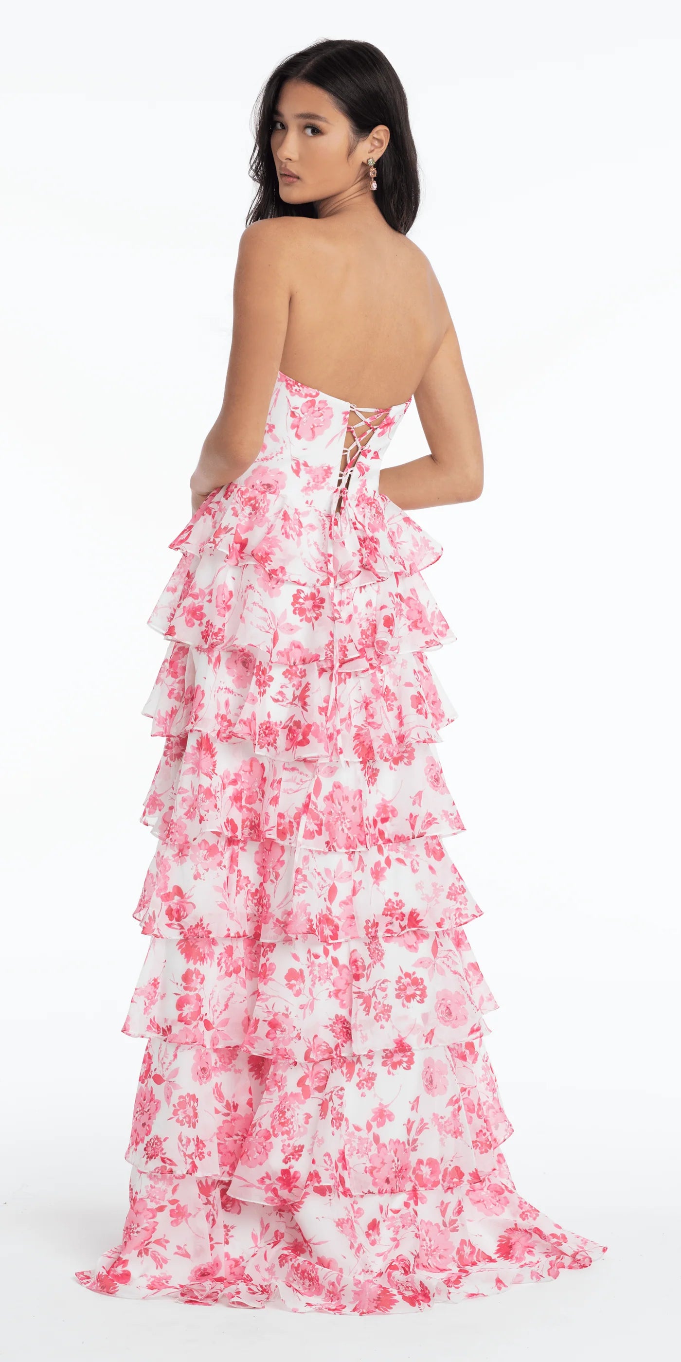 Vibrant Pink Floral Print Strapless Sweetheart Tiered Ruffled Lace-Up Back Floor-Length Prom Dress