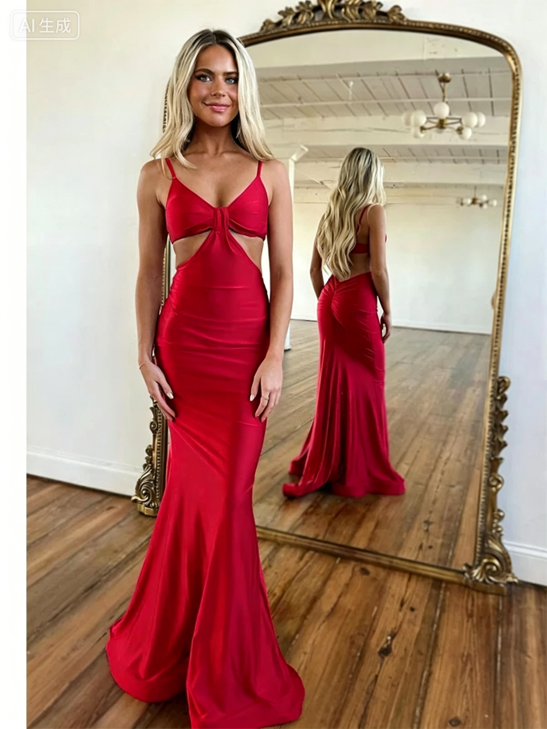 Vibrant Red Mermaid Sweetheart Spaghetti Strap Open-Back Cutout Evening Dress