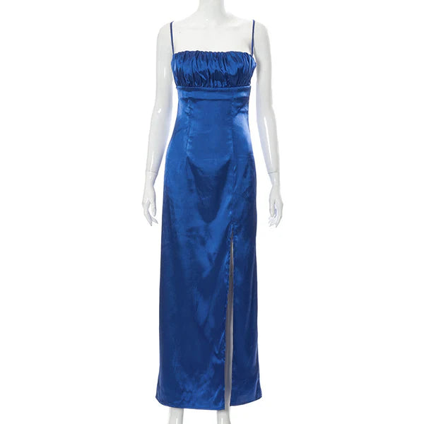 Vibrant Royal Blue Satin Spaghetti Strap Ruched Bust Tie Open Back High Slit Midi Evening Dress