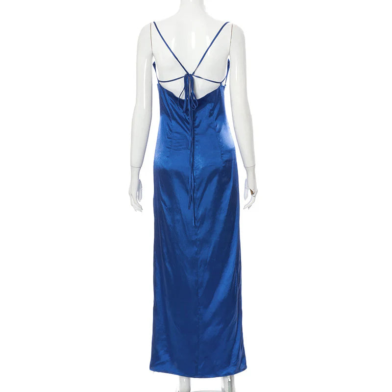 Vibrant Royal Blue Satin Spaghetti Strap Ruched Bust Tie Open Back High Slit Midi Evening Dress