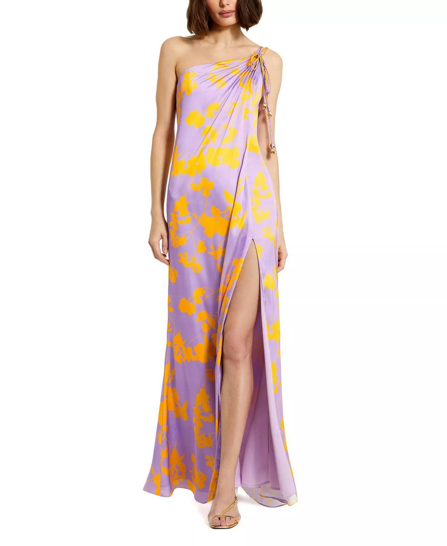 Vibrant Sleek Mermaid Silhouette One-Shoulder Floral Print Tie Detail Slit Maxi Prom Dress