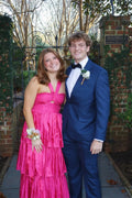 Pink Satin Tea-Length Evening Dress with Halter neckline & Open Back