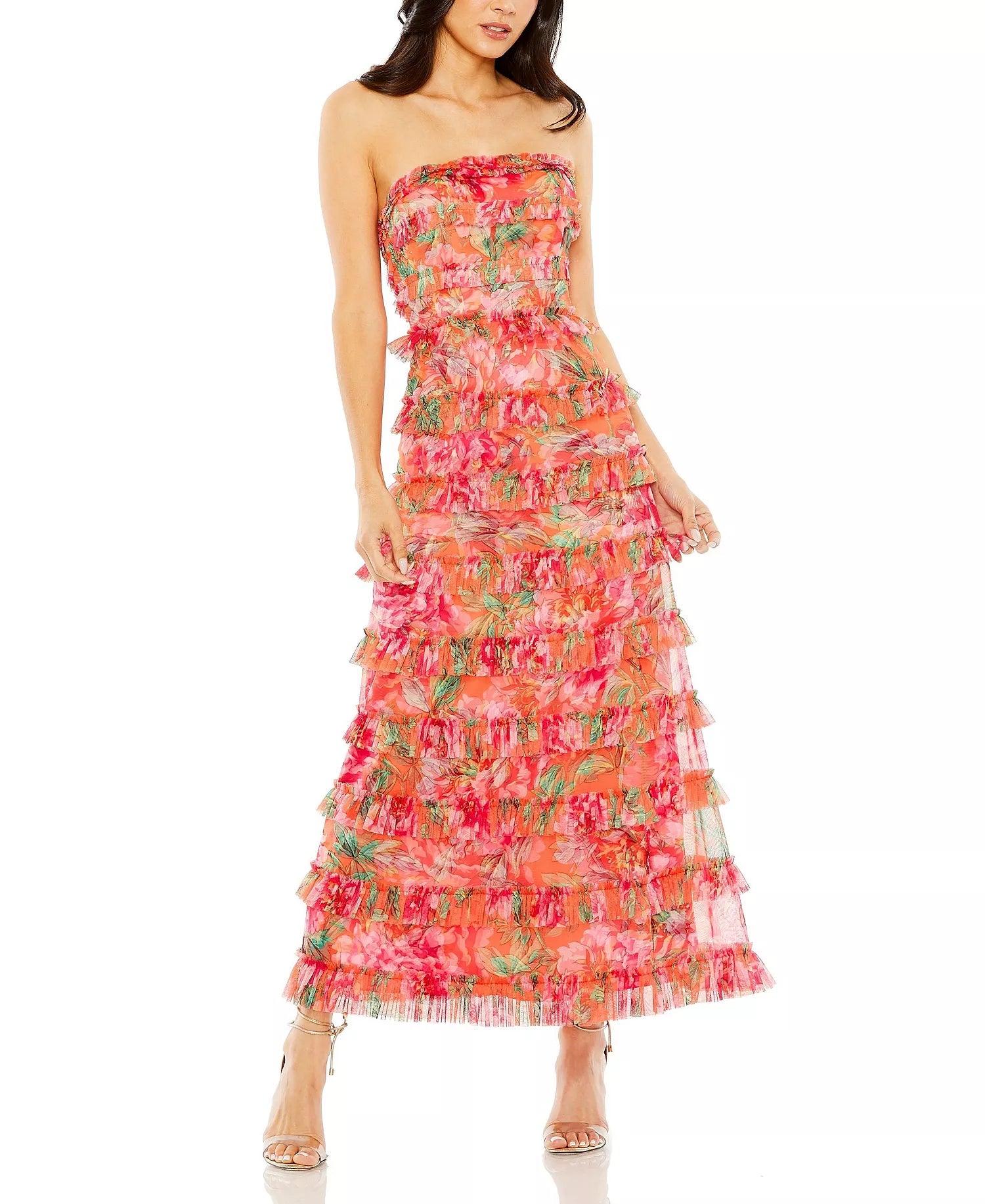 Vibrant Tropical Floral Strapless Tiered Ruffle Tulle Maxi Prom Dress