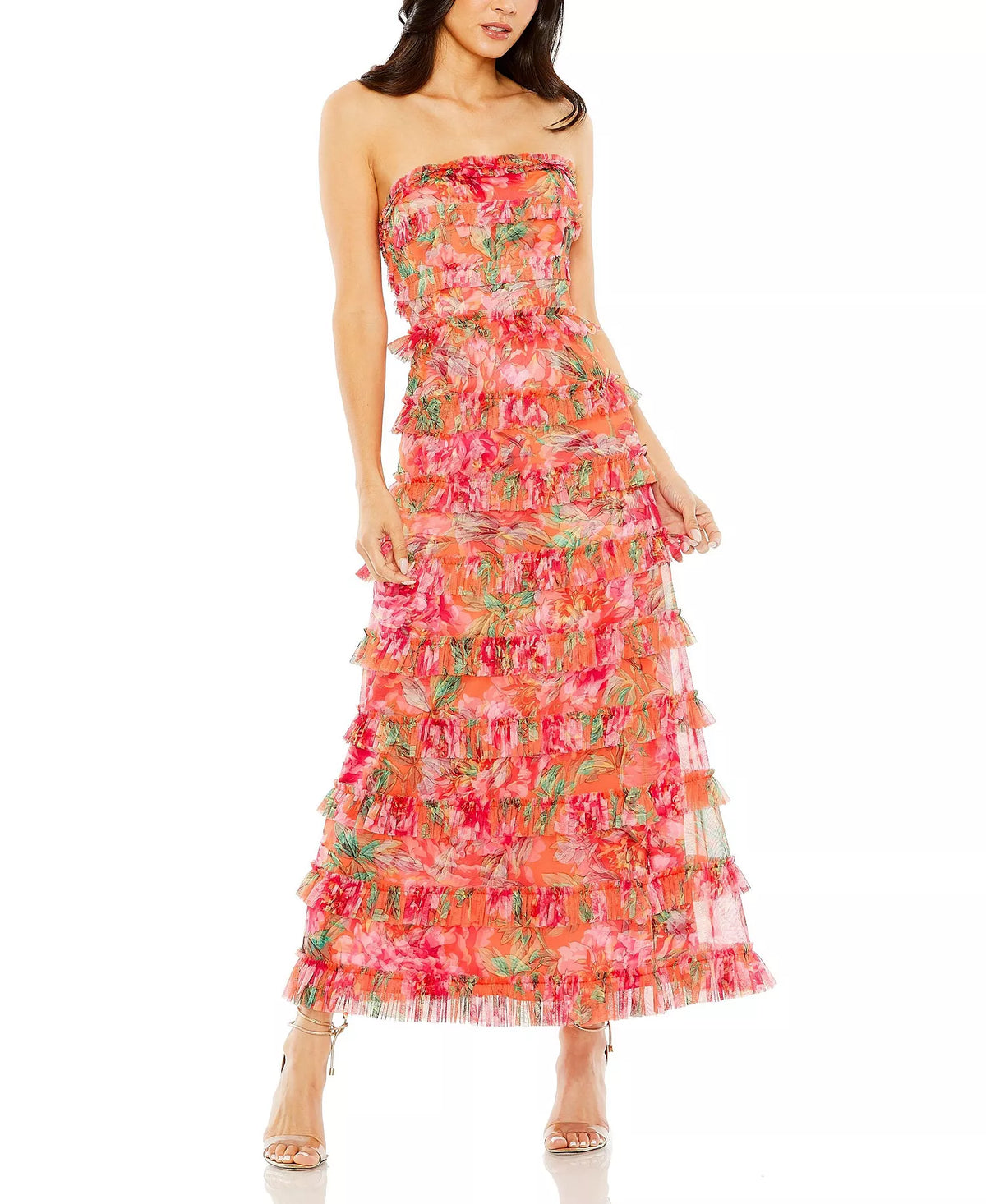 Red Chiffon Floral Print Tiered Ruffle A-Line Midi Evening Dress with Straight Neck and Back Zip