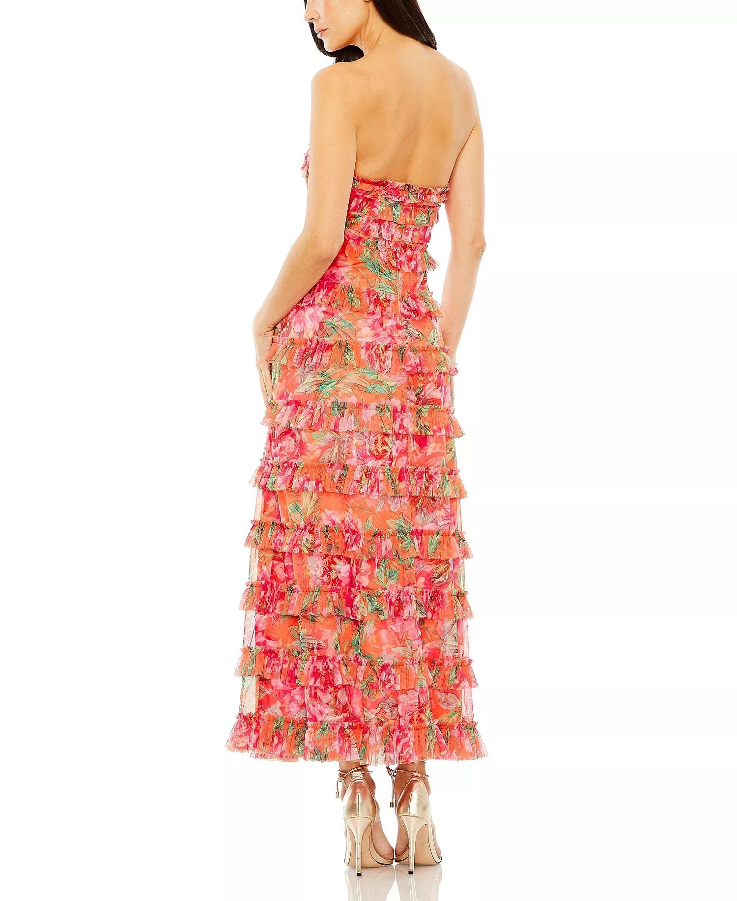 Vibrant Tropical Floral Strapless Tiered Ruffle Tulle Maxi Prom Dress