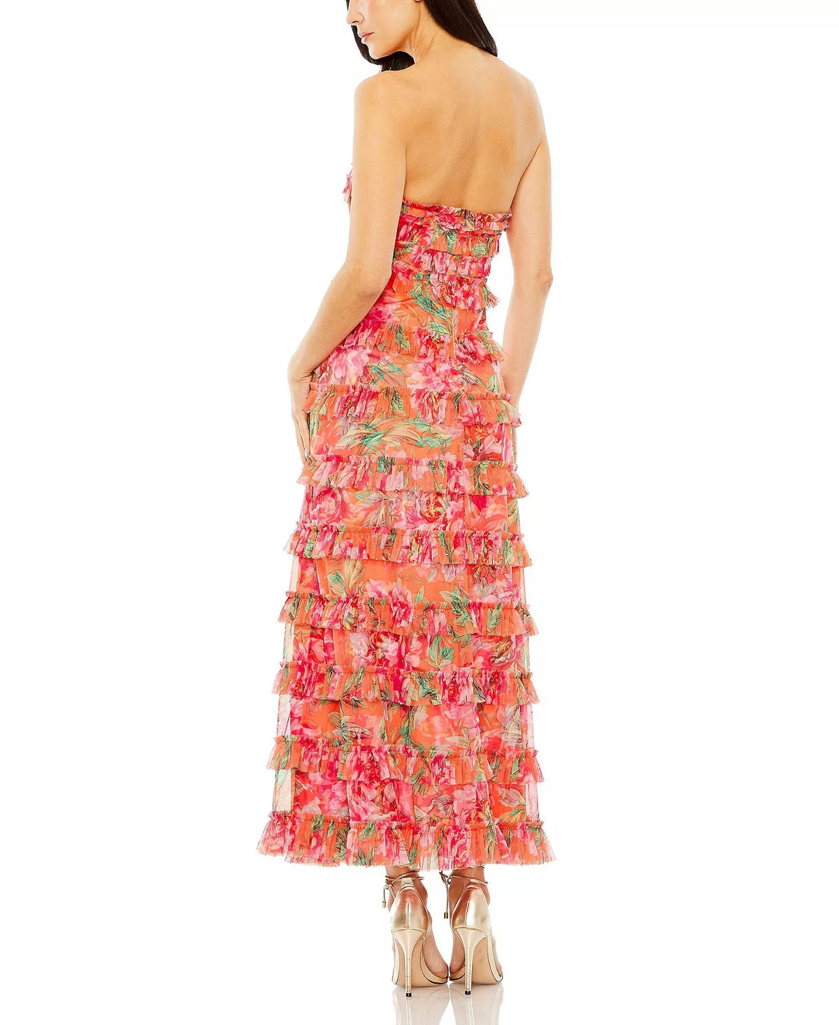 Red Chiffon Floral Print Tiered Ruffle A-Line Midi Evening Dress with Straight Neck and Back Zip