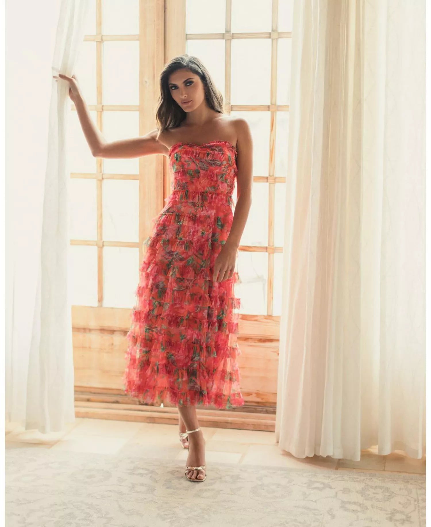 Vibrant Tropical Floral Strapless Tiered Ruffle Tulle Maxi Prom Dress