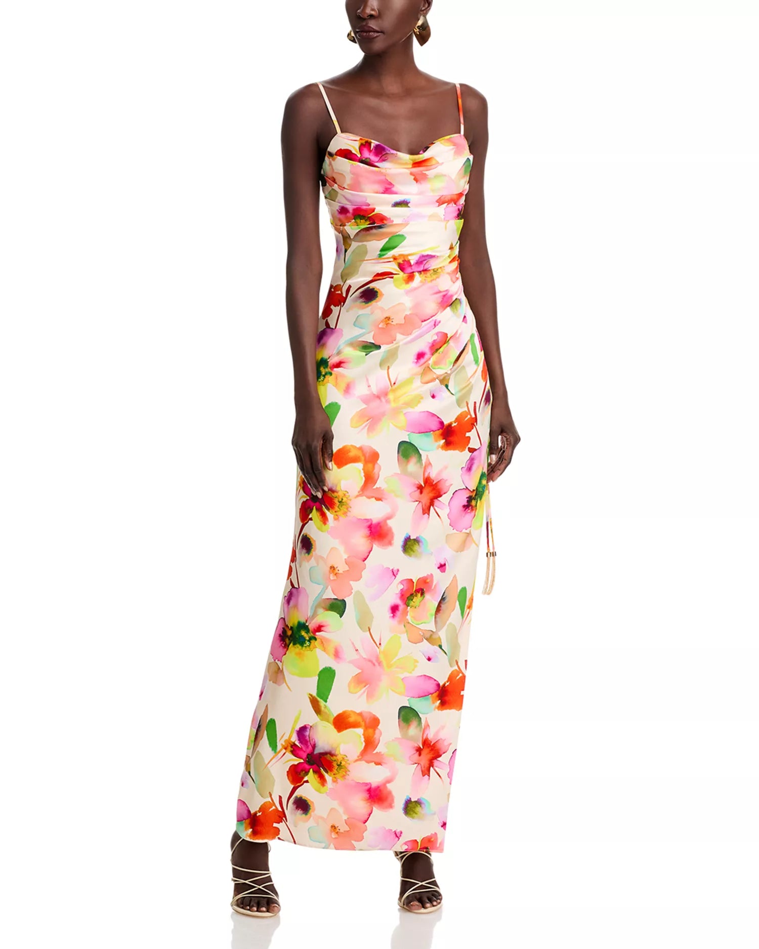 Vibrant Watercolor Floral Cowl Neck Spaghetti Strap Ruched High Slit Floor-Length Prom Dress