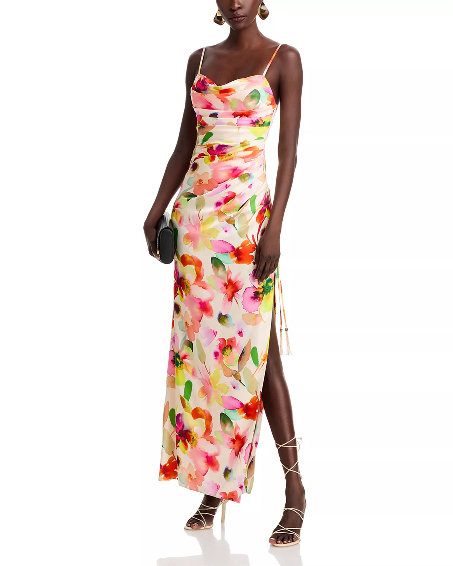 Vibrant Watercolor Floral Cowl Neck Spaghetti Strap Ruched High Slit Floor-Length Prom Dress