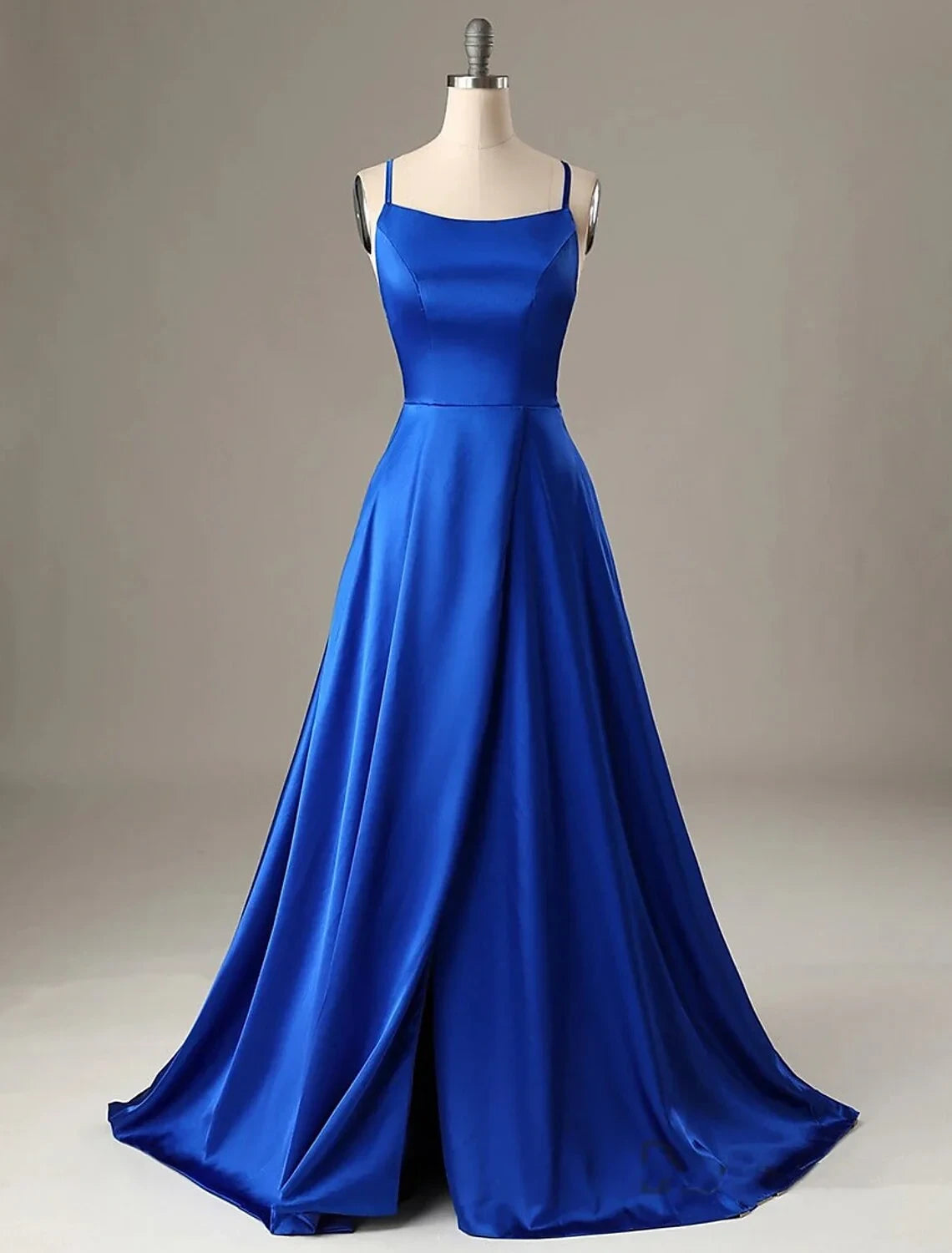 Vibrant Satin A-Line Square Neck Spaghetti Strap Criss-Cross Back Floor-Length Evening Dresses
