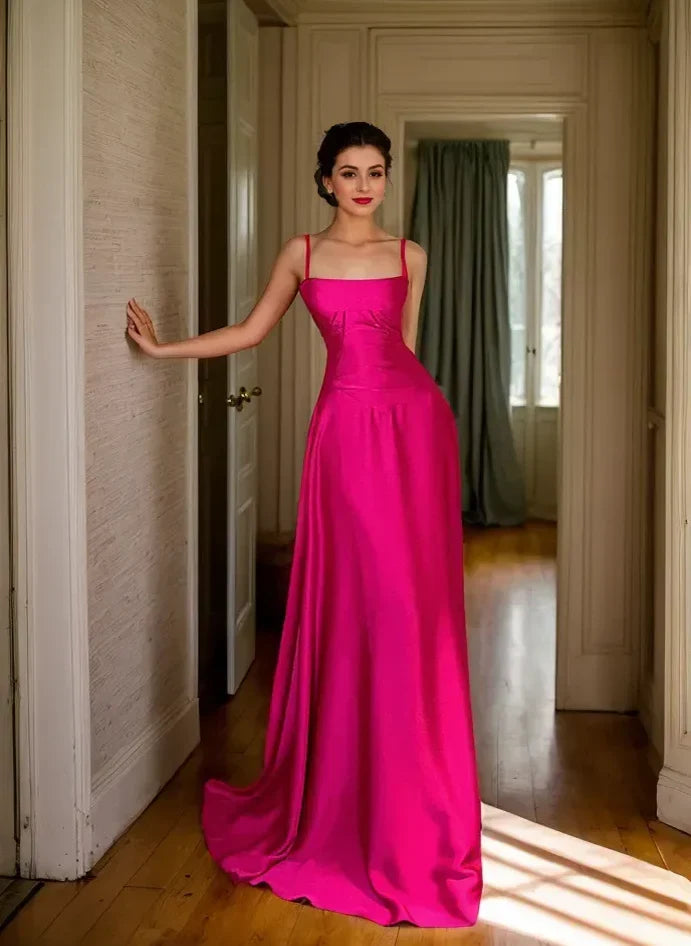 Vibrant Satin A-Line Square Neck Spaghetti Strap Lace-Up Back Floor-Length Evening Dresses